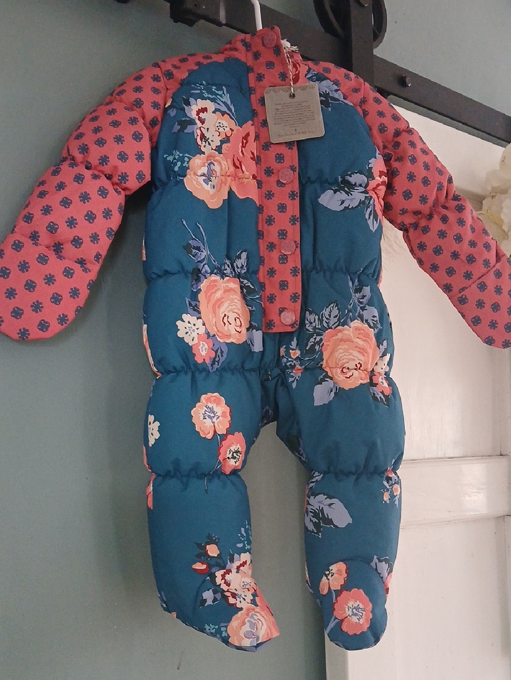 Nwt Matilda Jabe Snowy Chwcks Floral Teal & Pink Baby Puffer Snowsuit 3-6 Mo